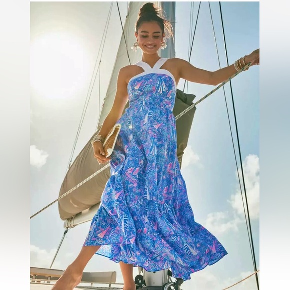 Lilly Pulitzer Dresses & Skirts - Lilly Pulitzer Jenette Halter Maxi Dress Boca Blue Its Sailabration Print NWT